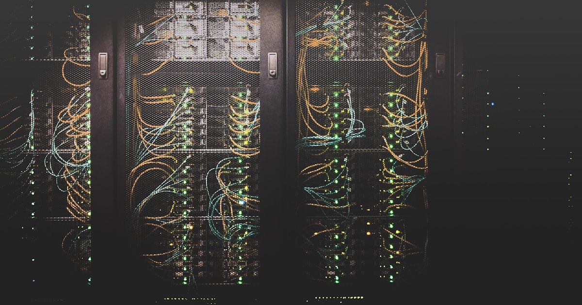 Server room with blue lighting representing API key infrastructure security